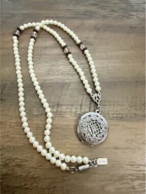Vintage 1928 Imitation Pearl Silver Tone Locket Faux Pearl Necklace Rhinestone